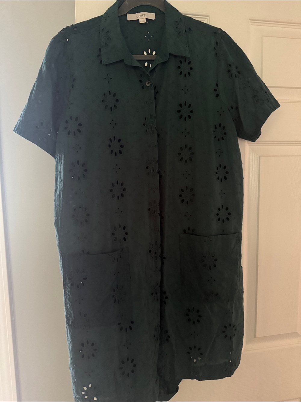 LOFT Forest Green Eyelet Button-Front Shirt Dress